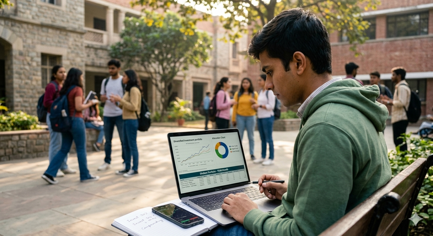Student managing a diversified investment portfolio on a laptop in a college campus