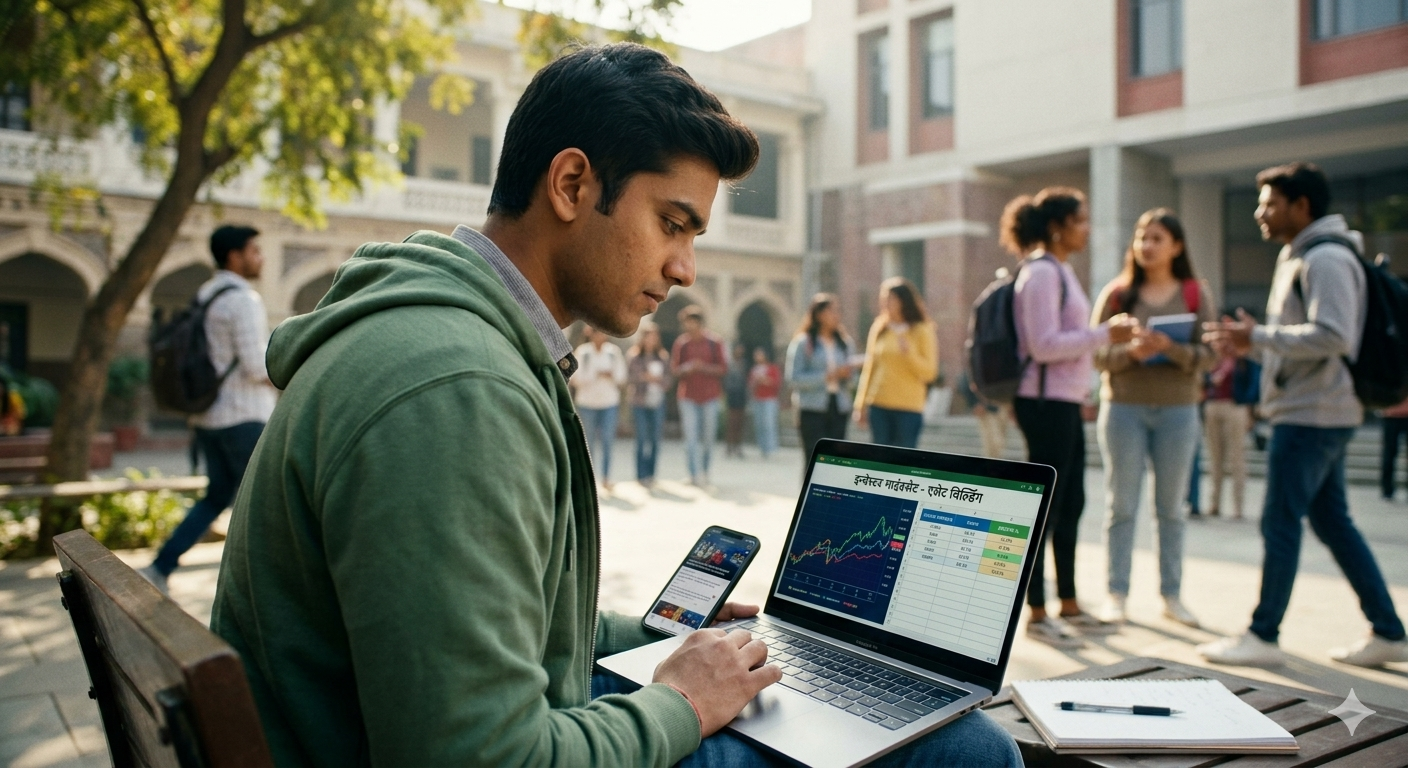 Student developing an investor mindset using a laptop on a college campus
