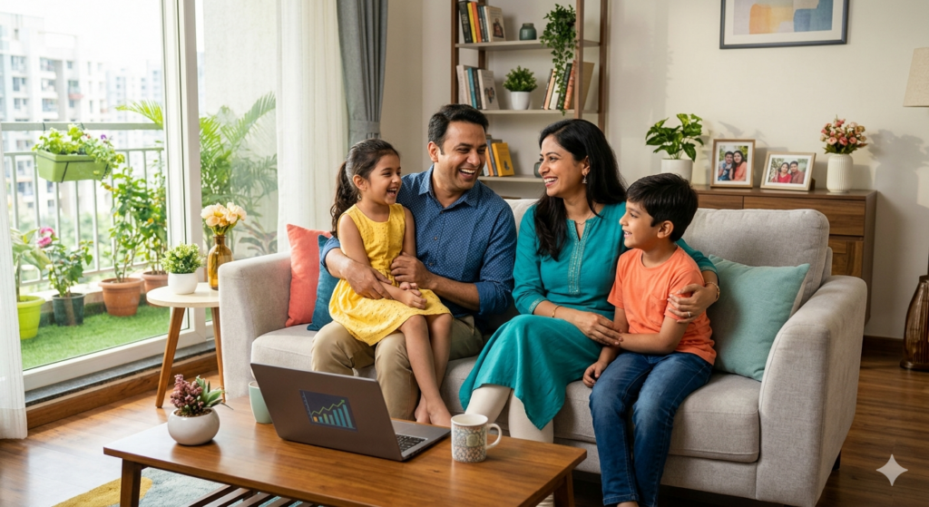 A happy Indian family of four—father, mother, young son, and daughter—sitting together on a sofa in a bright, modern living room, laughing and looking at a laptop showing a growth chart.