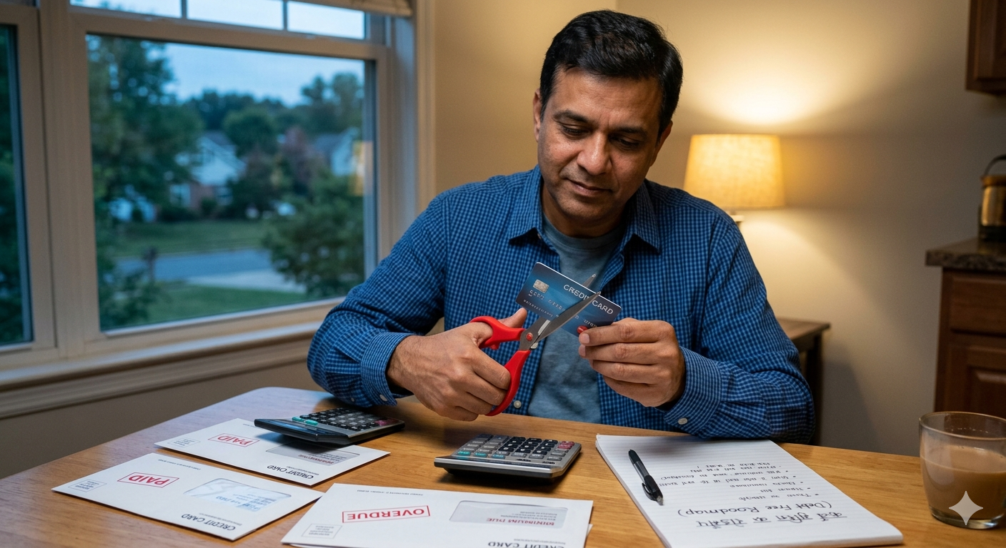 Man cutting credit card and planning a debt free lifestyle