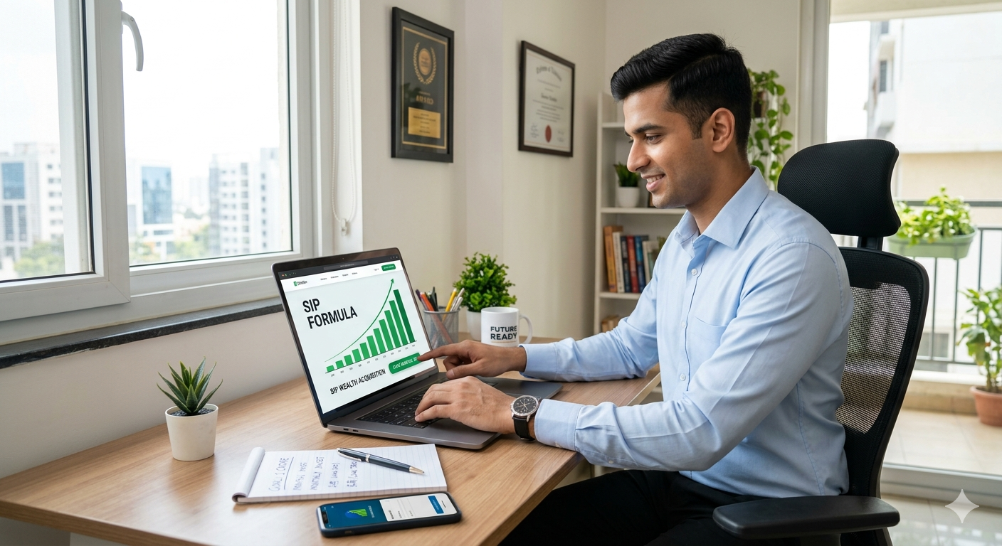 A young Indian office man, dressed in a blue button-down shirt, sits at his modern home office desk. He is smiling while looking at a laptop screen that displays a bar graph with an upward trend and the text 'SIP FORMULA' and 'SIP WEALTH ACQUISITION'. His right hand is pointing at the screen. The scene is bright, with large windows overlooking a city and a balcony. A notebook, coffee mug, and smartphone are also on the desk.