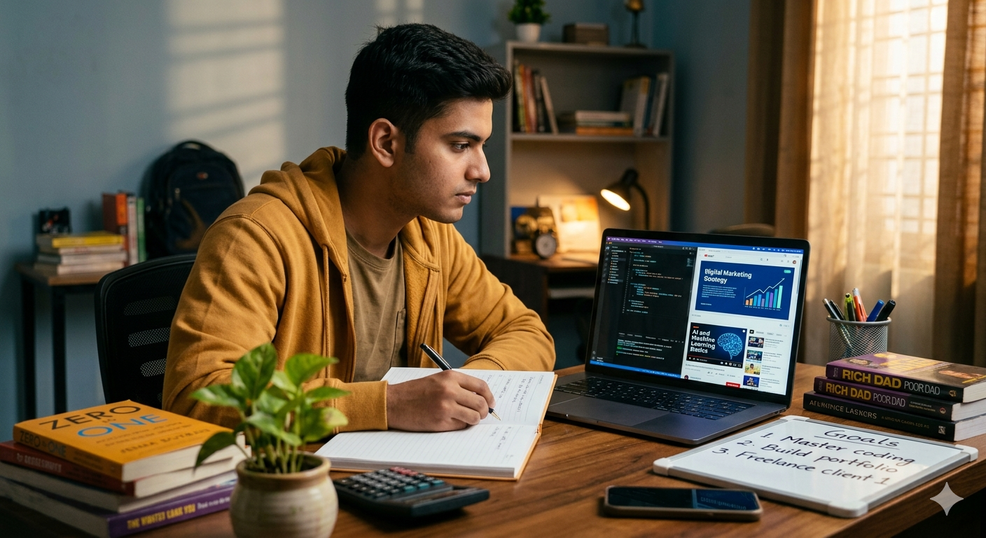 Student learning high demand skills like AI and digital marketing for future wealth