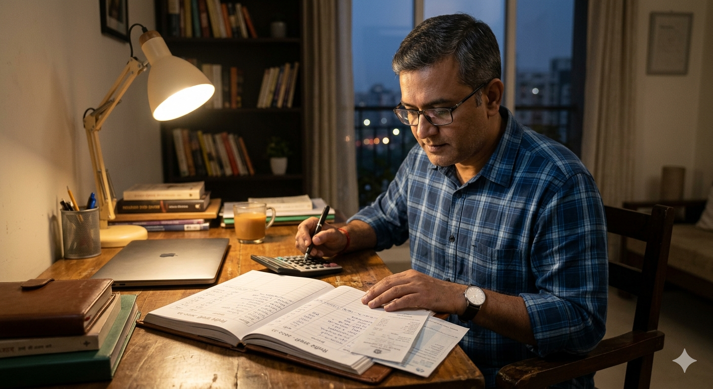Man analyzing financial documents and personal expenses at a wooden desk