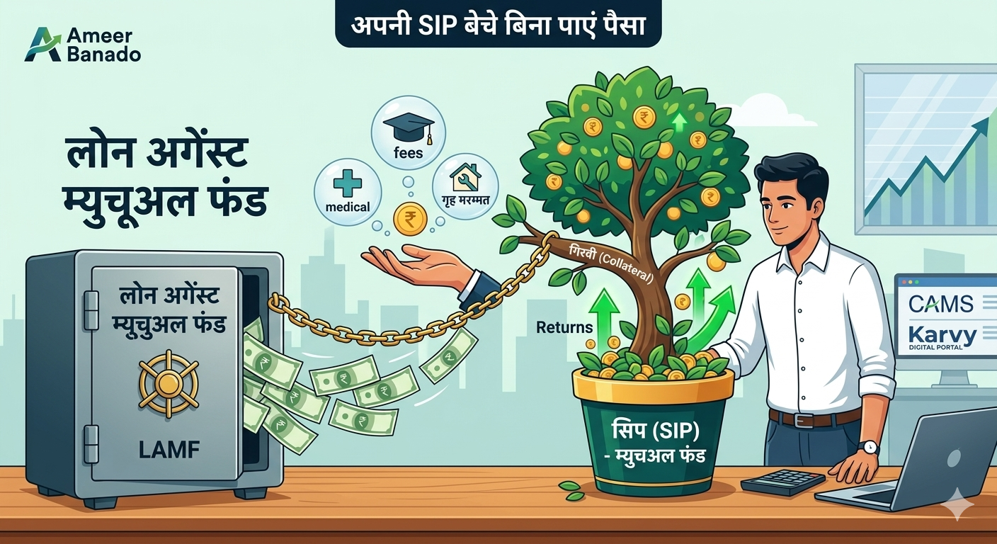 A professional using a bridge labeled Loan against SIP to cross a financial gap while keeping their investment tree growing