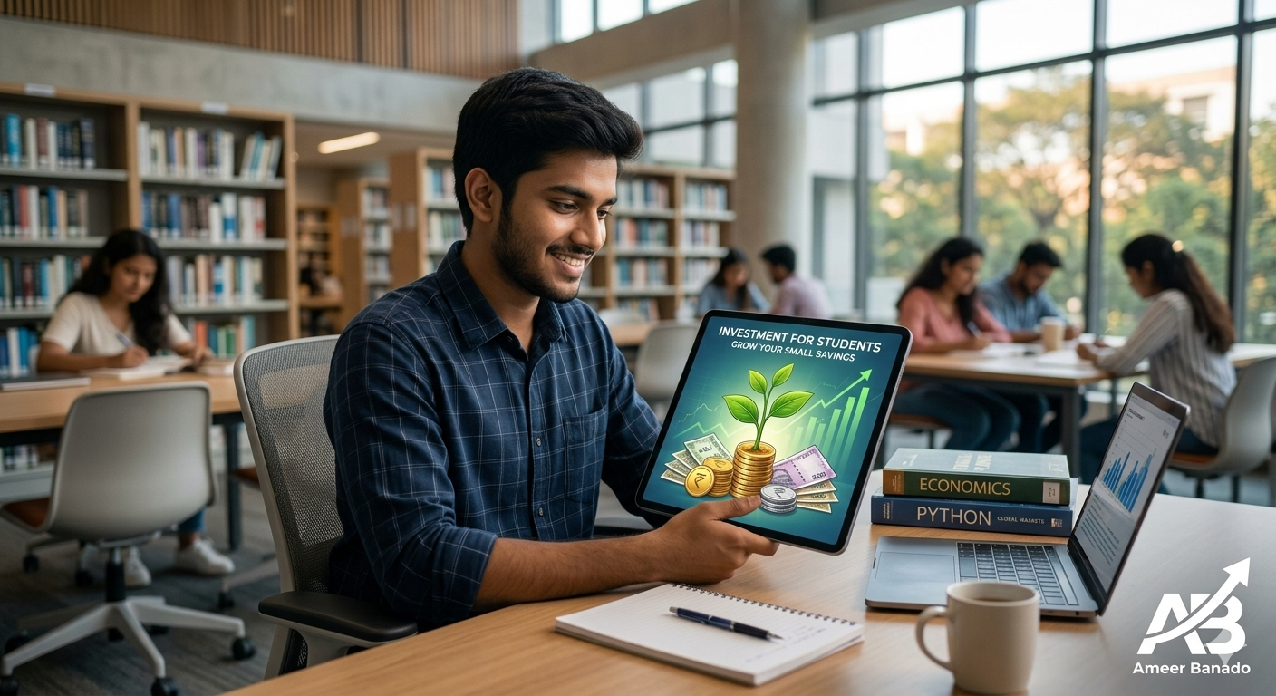 A smiling Indian male college student in a library holding a tablet showing an investment growth chart and a small plant growing from coins.
