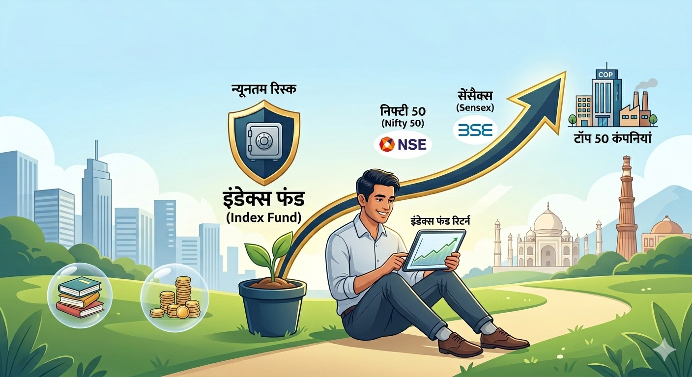 A conceptual digital illustration showing a safe green path labeled Index Fund for beginners, with icons for No Research, Low Cost, and leading to the Nifty 50 and Sensex goals with minimized risk.
