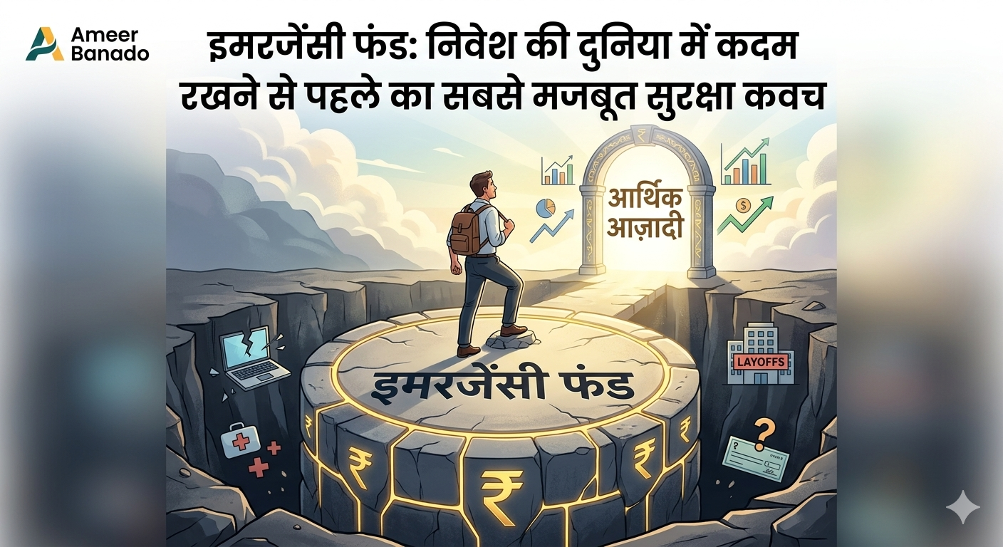 A working professional standing on a solid circular stone foundation labeled Emergency Fund in Hindi bridging a gap toward financial freedom