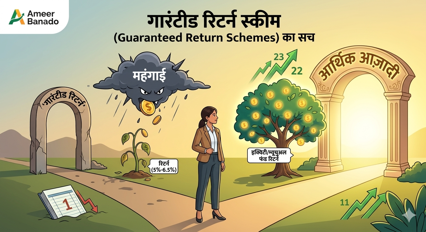 A conceptual digital illustration showing a female professional comparing a small wilting Guaranteed Return tree being eroded by an Inflation storm cloud against a thriving, fruitful Equity and Mutual Fund tree leading to Financial Freedom.