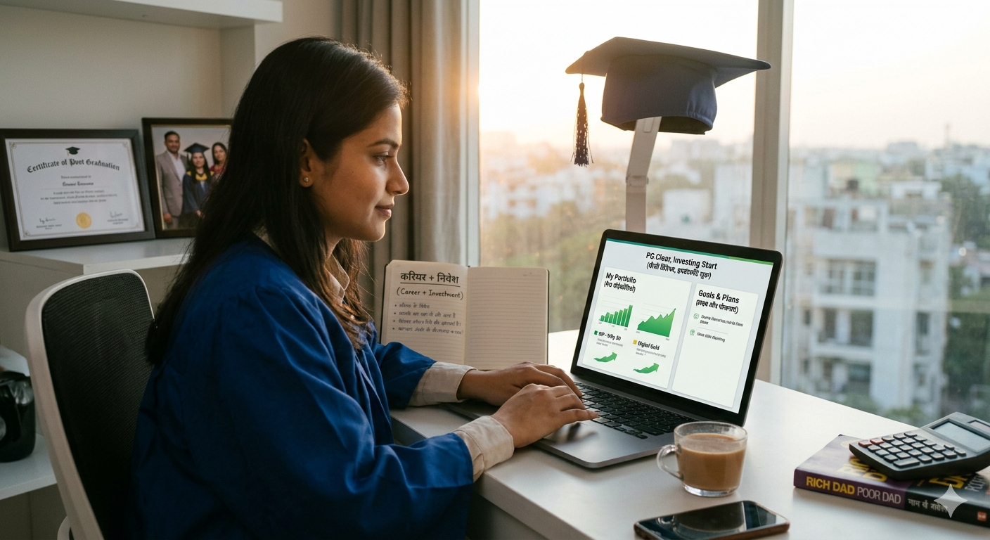 Young professional in graduation gown planning financial future on a laptop