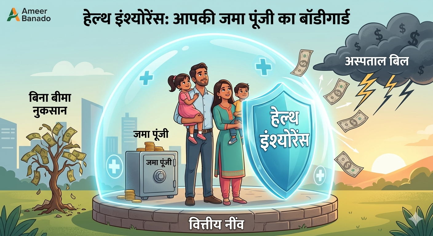 A conceptual digital illustration of an Indian family standing safely inside a protective shield labeled Health Insurance in Hindi, safeguarding their savings from a storm of high hospital bills outside.
